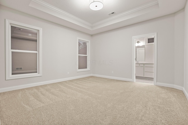 carpeted empty room featuring ornamental molding and a tray ceiling