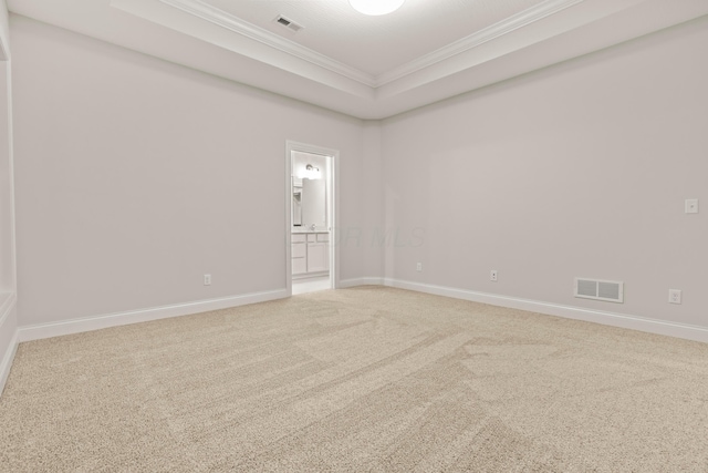 spare room featuring a tray ceiling, crown molding, and carpet floors