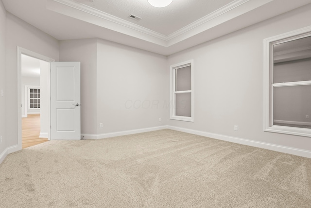 carpeted spare room featuring a textured ceiling, a tray ceiling, and crown molding