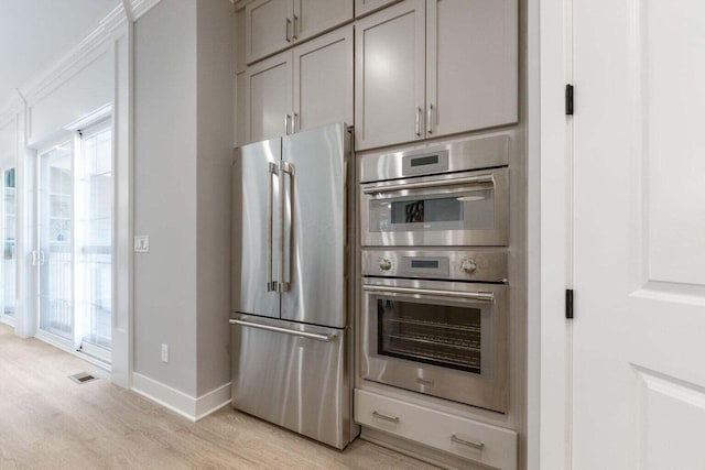 1474 Dogwood Loop, Powell, OH 43065 - kitchen with gray cabinetry, baseboards, light wood finished floors, visible vents, and stainless steel appliances