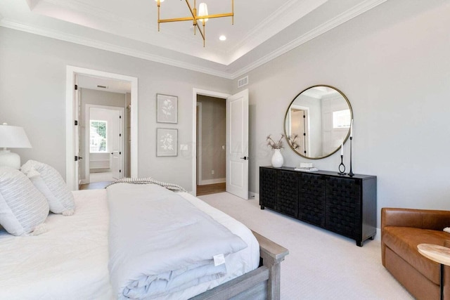 1474 Dogwood Loop, Powell, OH 43065 - bedroom with a tray ceiling, light carpet, visible vents, a chandelier, and ornamental molding