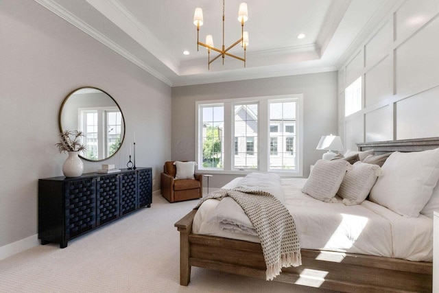 1474 Dogwood Loop, Powell, OH 43065 - carpeted bedroom with a tray ceiling, crown molding, recessed lighting, and a notable chandelier