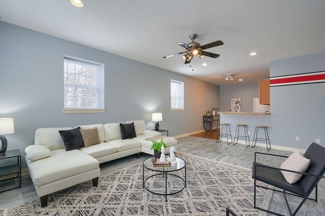 living room with ceiling fan and hardwood / wood-style floors