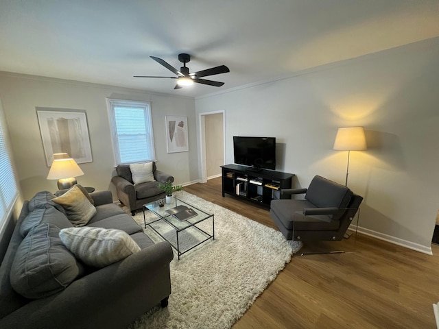 living room featuring hardwood / wood-style floors, ceiling fan, and crown molding