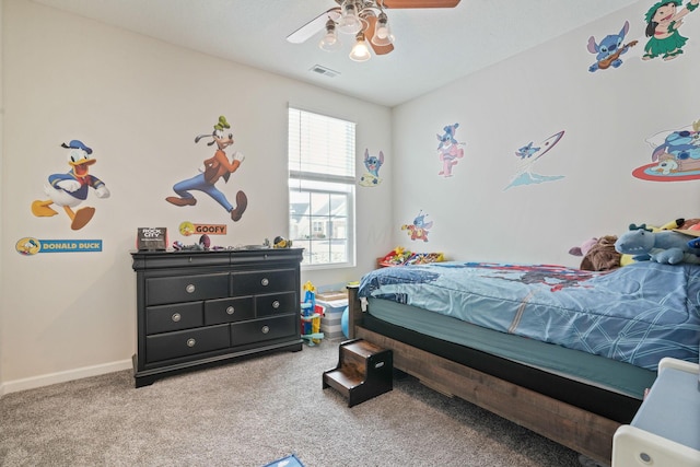 bedroom with light carpet and ceiling fan