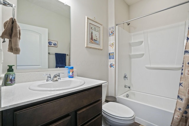 full bathroom featuring toilet, vanity, and shower / tub combo with curtain