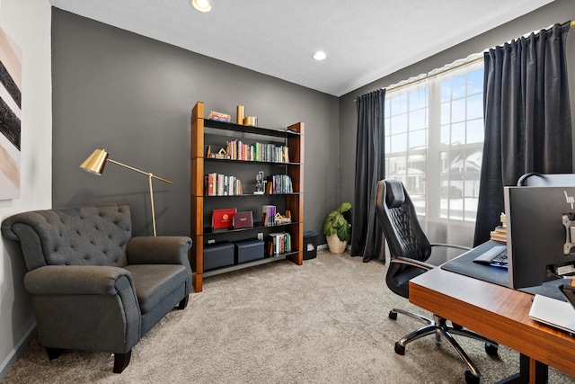 office space with light colored carpet and a textured ceiling