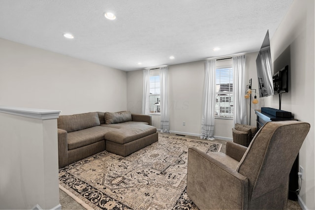 carpeted living room featuring plenty of natural light and a textured ceiling