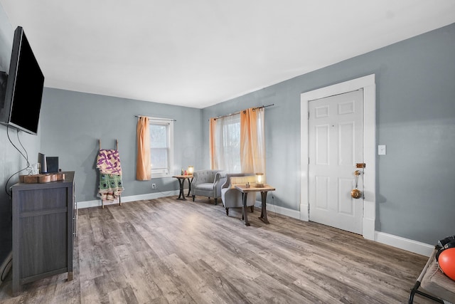 living area with hardwood / wood-style floors