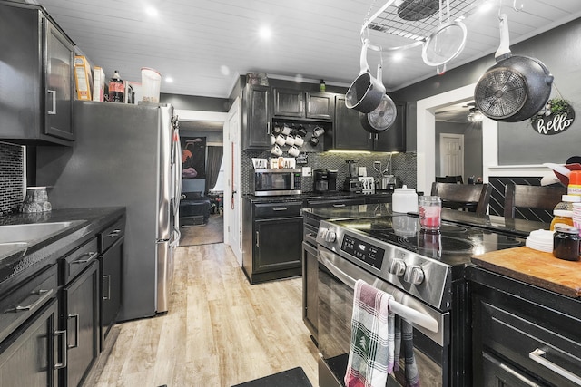 kitchen featuring backsplash, stainless steel appliances, light hardwood / wood-style flooring, and wooden ceiling