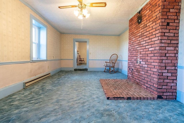 interior space with carpet, ceiling fan, ornamental molding, a textured ceiling, and baseboard heating