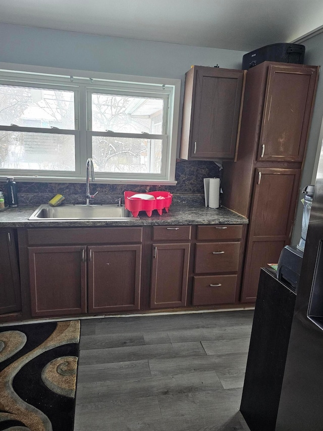 kitchen featuring backsplash, sink, and dark wood-type flooring