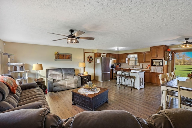 living room featuring wood-type flooring, a textured ceiling, plenty of natural light, and sink