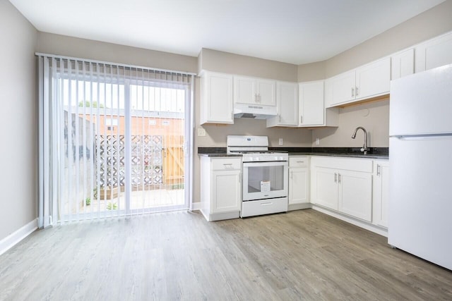 kitchen featuring light wood-type flooring, white appliances, white cabinetry, and sink