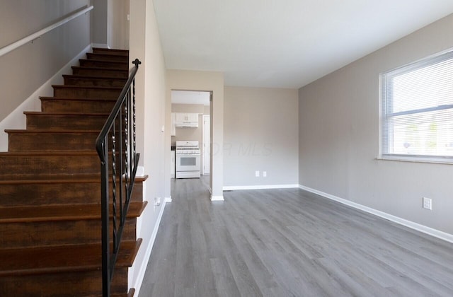 staircase with hardwood / wood-style flooring