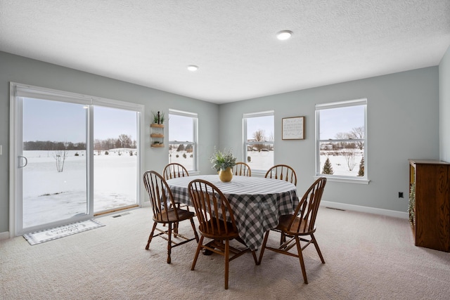 dining room with light carpet and a textured ceiling