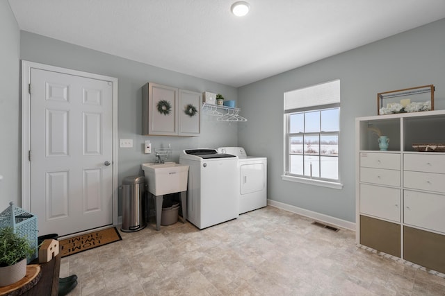 laundry room with cabinets and washer and clothes dryer