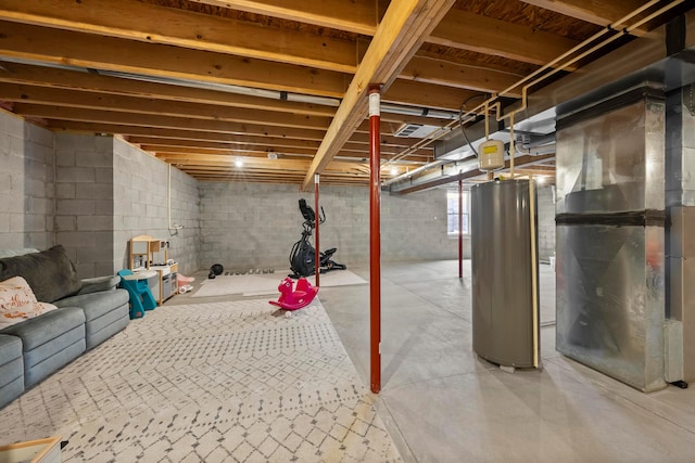 basement featuring heating unit and water heater