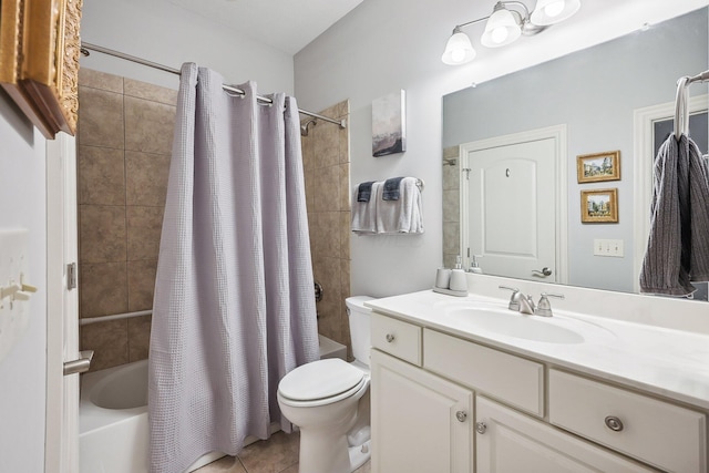 full bathroom with toilet, tile patterned flooring, shower / tub combo, and vanity