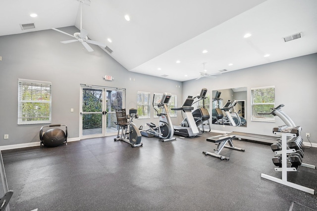 gym with high vaulted ceiling and ceiling fan