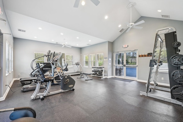 exercise room with high vaulted ceiling, french doors, and ceiling fan