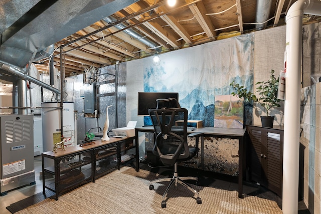 office area featuring electric panel, gas water heater, and concrete flooring