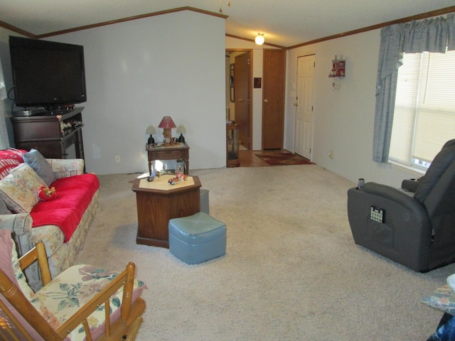 living room featuring carpet floors, lofted ceiling, and ornamental molding