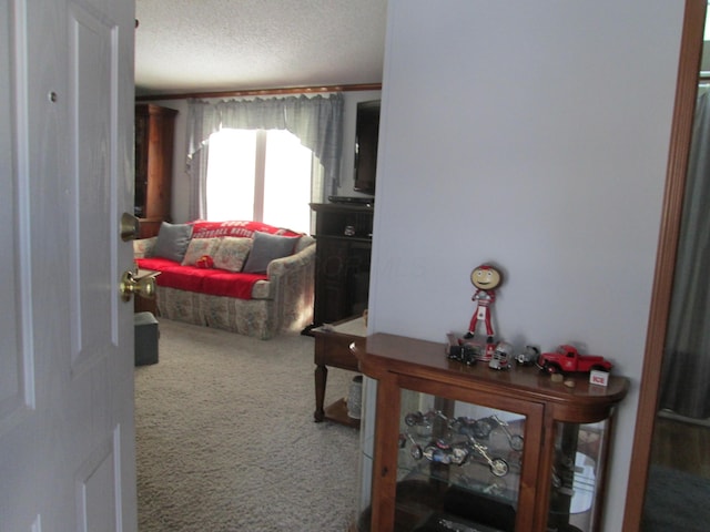 living room with a textured ceiling, carpet flooring, and ornamental molding