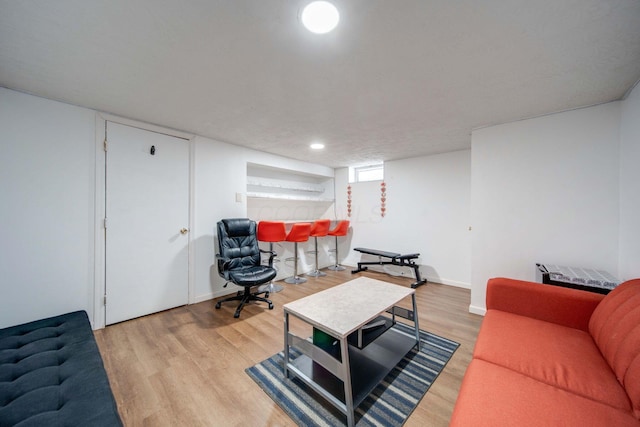 living room with light hardwood / wood-style floors and radiator