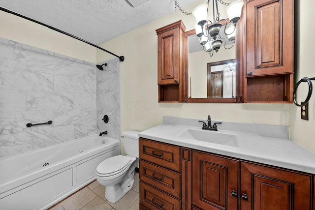 full bathroom with a textured ceiling, tiled shower / bath combo, tile patterned flooring, vanity, and toilet