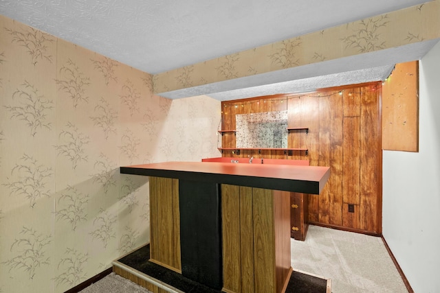 bar with light colored carpet and a textured ceiling