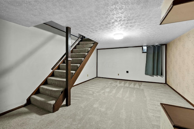 basement featuring a textured ceiling and carpet flooring