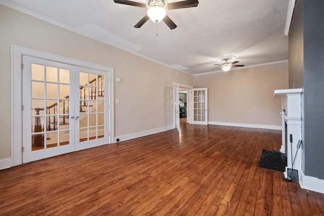 unfurnished living room with french doors, ceiling fan, ornamental molding, and wood-type flooring