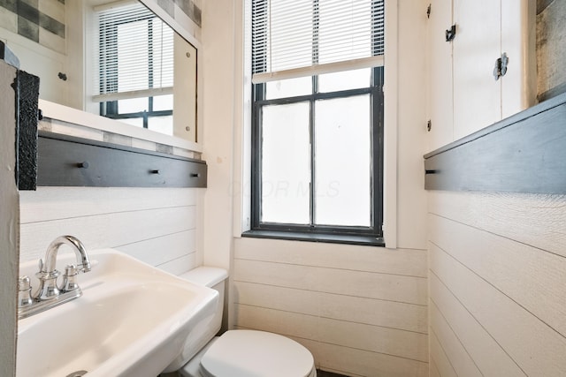 bathroom featuring toilet, sink, and wooden walls