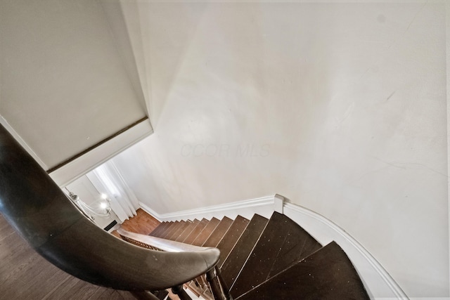 stairs featuring hardwood / wood-style floors