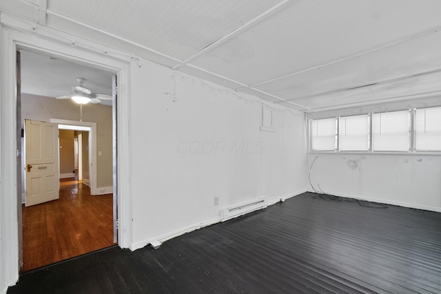 unfurnished room featuring ceiling fan, dark hardwood / wood-style flooring, and a baseboard radiator