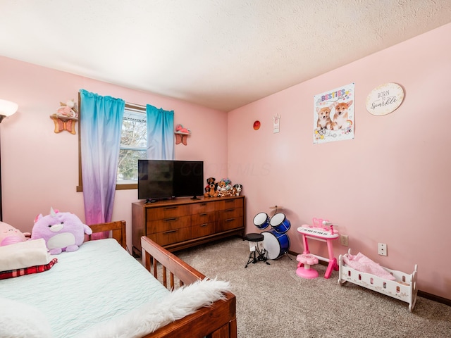 carpeted bedroom with a textured ceiling