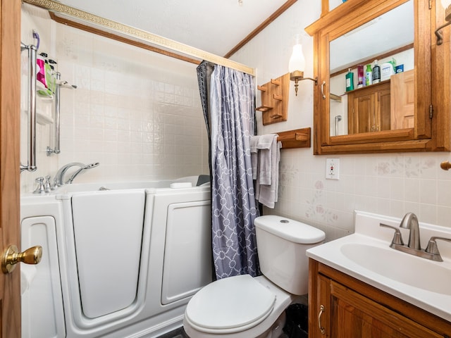 bathroom with vanity, toilet, tile walls, and backsplash