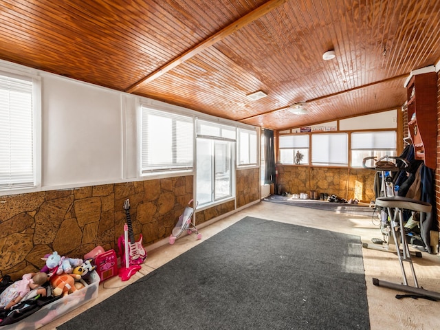 misc room featuring wooden ceiling and vaulted ceiling