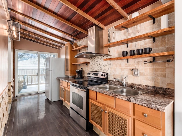 kitchen with stainless steel electric stove, lofted ceiling with beams, white refrigerator, sink, and island range hood