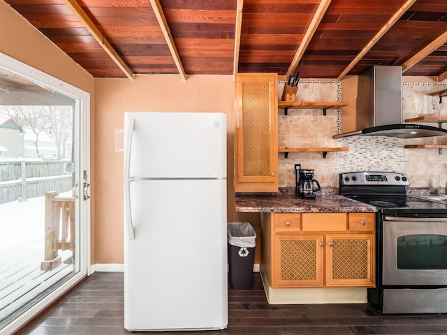 kitchen featuring stainless steel electric range, dark wood-type flooring, white refrigerator, wall chimney exhaust hood, and decorative backsplash