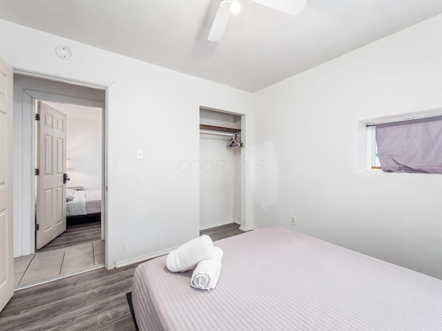 bedroom featuring ceiling fan, dark wood-type flooring, and a closet