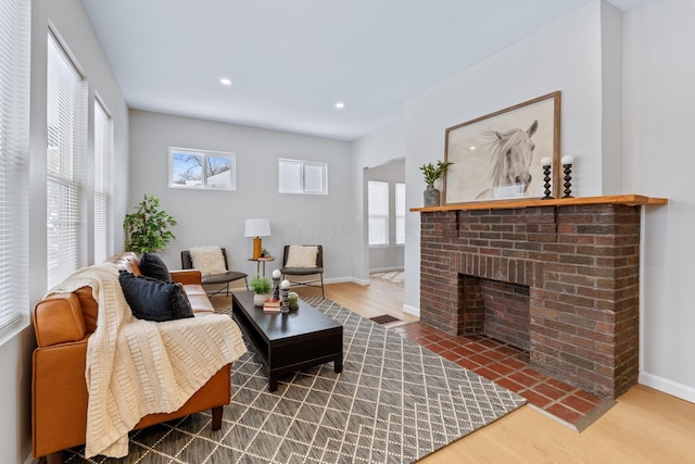 living room with a fireplace and hardwood / wood-style flooring