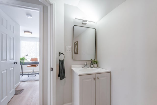 bathroom with vanity and wood-type flooring