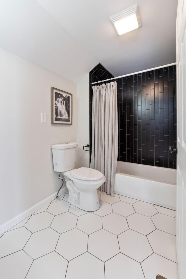 bathroom with toilet and shower / tub combo with curtain