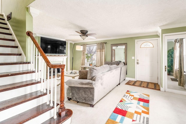 carpeted living room featuring ceiling fan, crown molding, and a textured ceiling