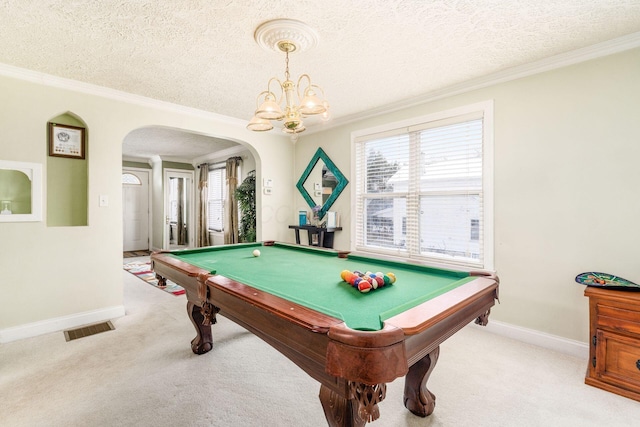 playroom featuring plenty of natural light, light colored carpet, a textured ceiling, and billiards