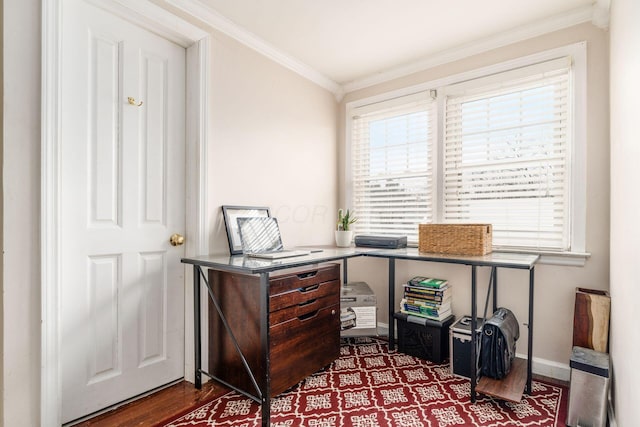 home office with hardwood / wood-style flooring and ornamental molding