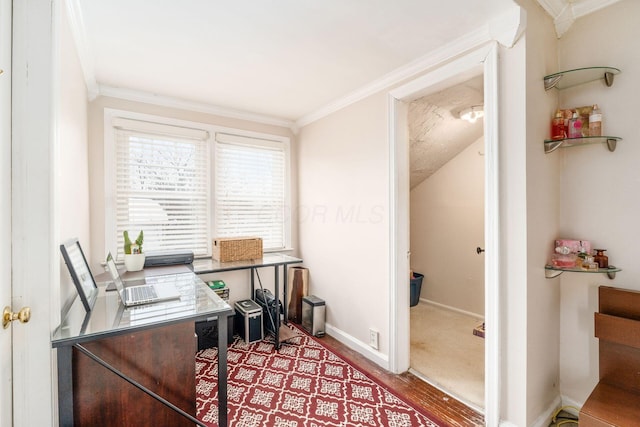 office area featuring light wood-type flooring and ornamental molding