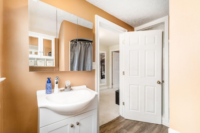 bathroom with vanity, wood-type flooring, and a textured ceiling